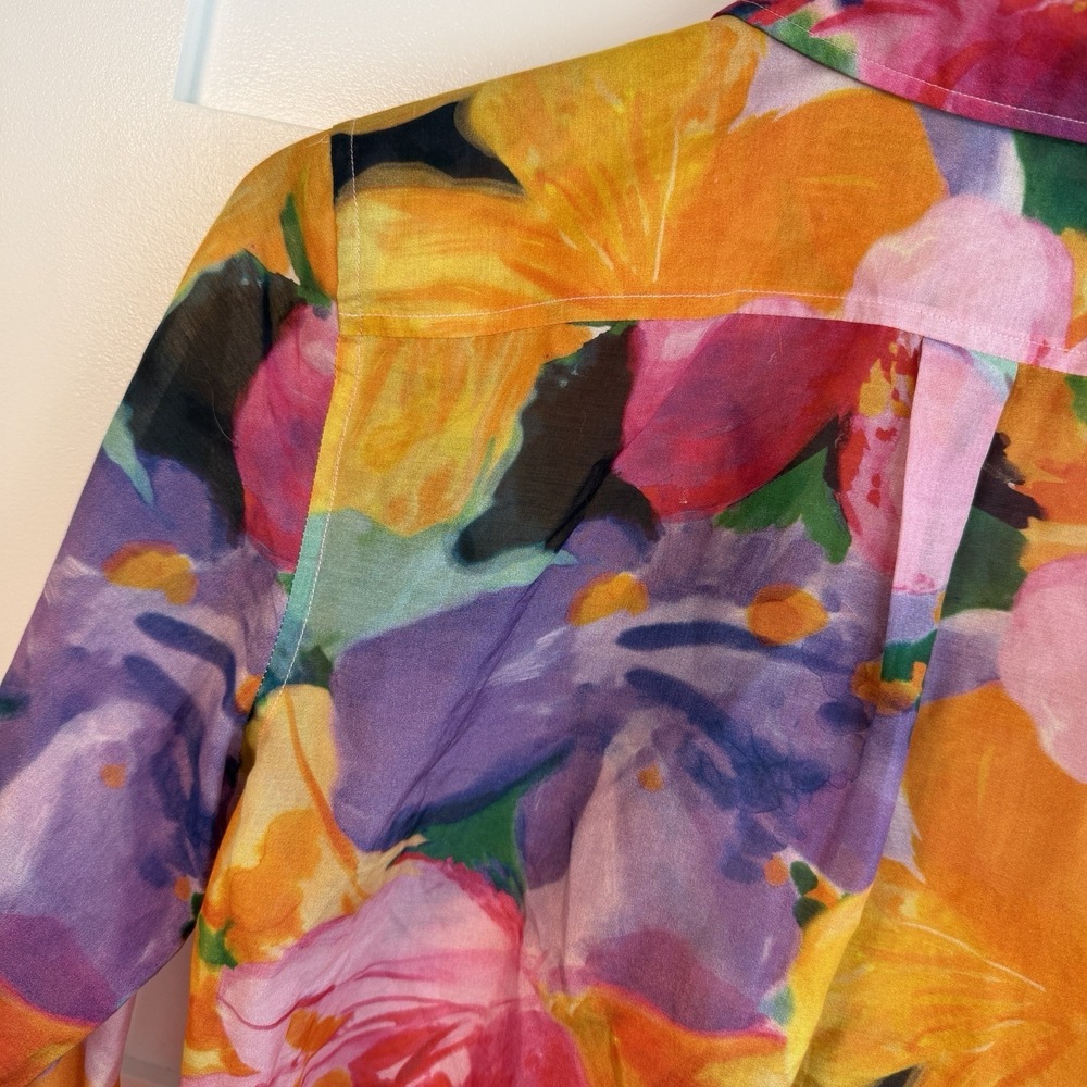 LRL Ralph Lauren Womens S Button Up Floral Silk Cotton Blouse Shirt Watercolors - Picture 10 of 15